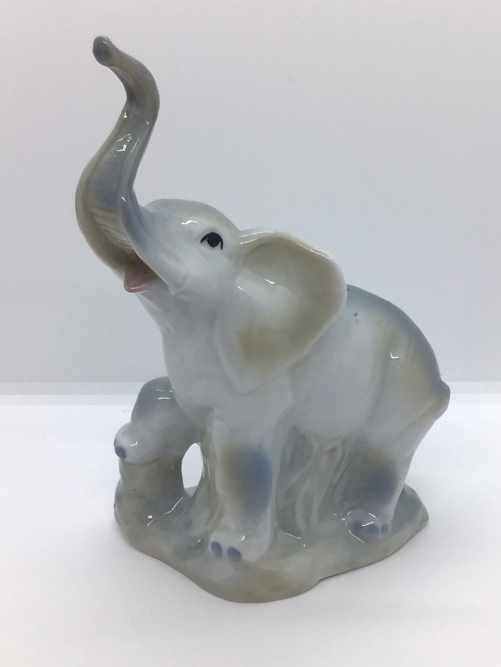 7 1/4” Vintage Ceramic Baby Elephant Figurine White & Blue Hand Painted Details